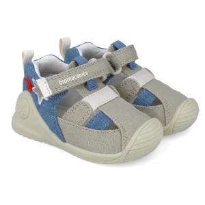 Sandali primi passi in tessuto, Beige blu denim