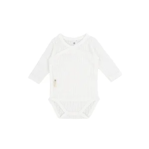 Body incrociato manica lunga cotone bio pointelle, Bianco