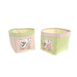Cestino/coprivaso in lino e cotone decoro Bird & Flower 15x14x15 cm