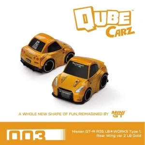 Mini GT QubeCarz Nissan GT-R R35 LB★WORKS Type 1, Rear Wing Ver 2 LB Gold Die Cast 1/64